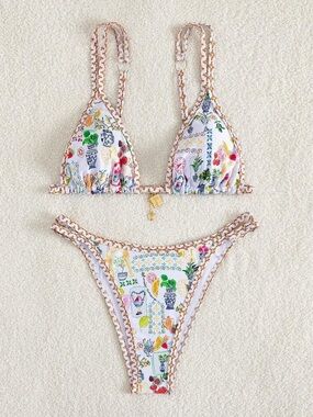 White Crochet-Trim Printed String Bikini Set